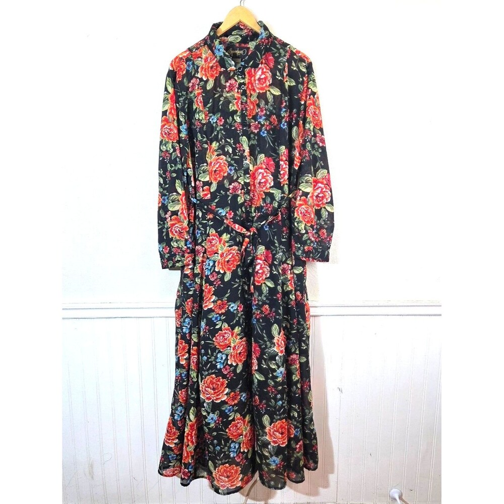 Sporting Jeans 1X Black Floral Maxi Dress Sheer Top Peony Button Front Belt Boho